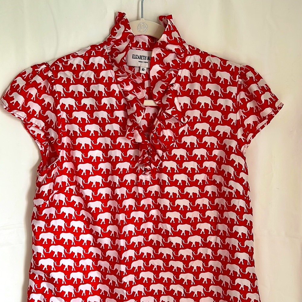 Elizabeth McKay 100% Silk Elephant Blouse, Size 14, Red & White